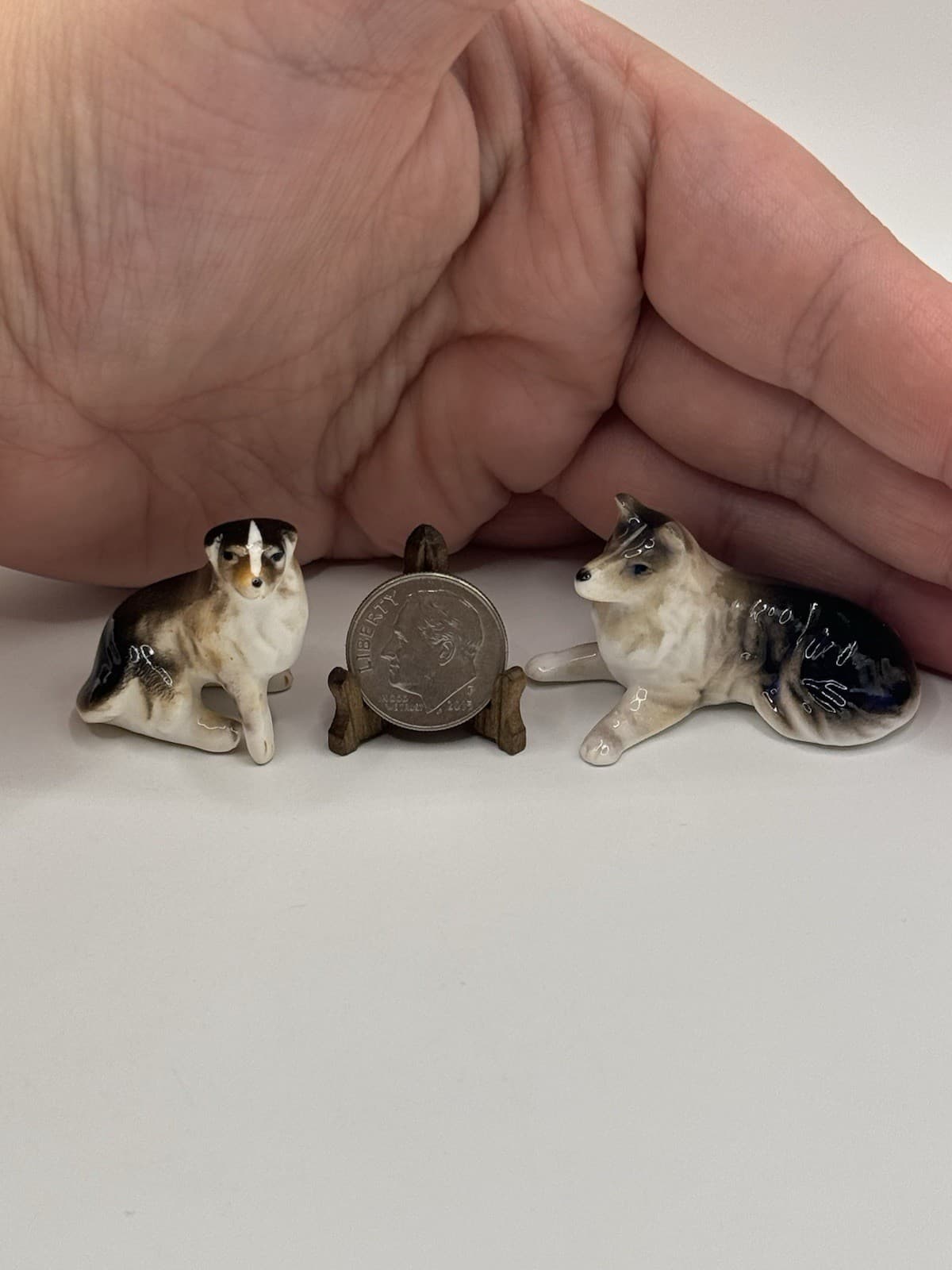 Vintage Porcelain Collie Sheltie Dog Figurine Pair Miniature Puppy Trinkets 2