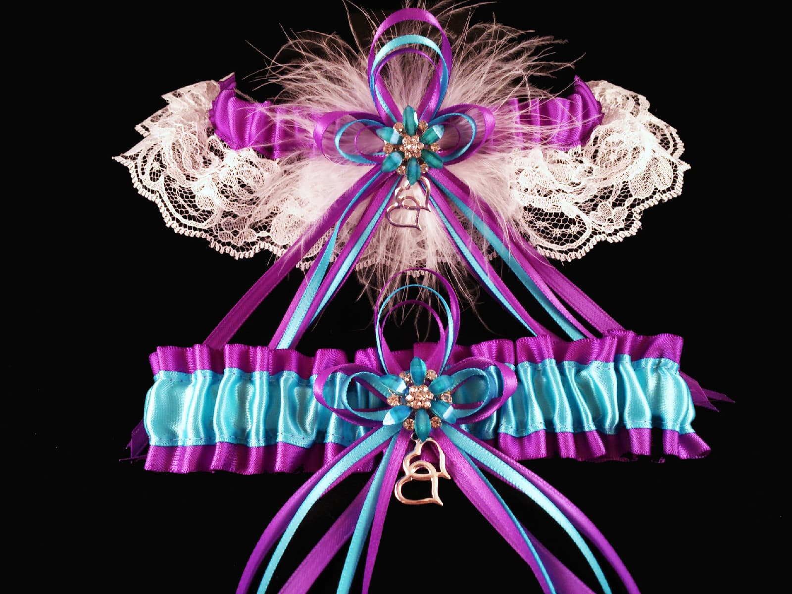 Love It! PURPLE TURQUOISE Wedding Bridal GARTER SET of 2 Garters Keep + Toss