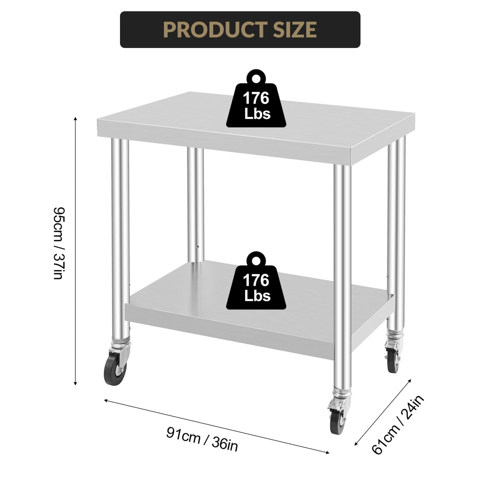 36"x24"x37" Stainless Steel Commercial Kitchen Work Food Prep Table w/ Casters 3