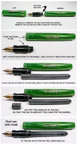 FOUNTAIN PEN INK SAC REPAIR KIT. 5 LATEX SACS, 1 SHELLAC & 1 FRENCH CHALK 2