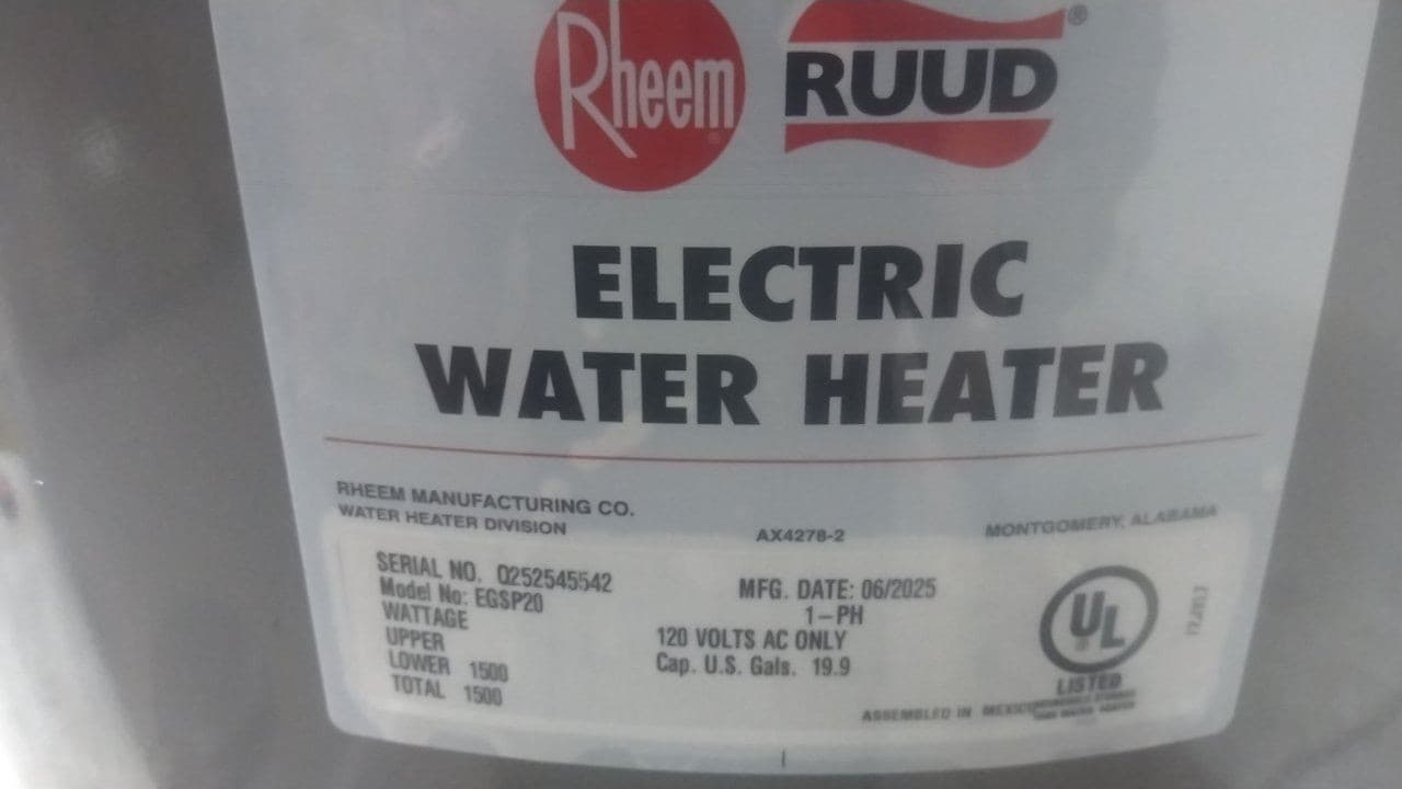 Rheem-Ruud EGSP20 19.9 Gal Tank Capacity 120V 1500W Electric Water Heater 2