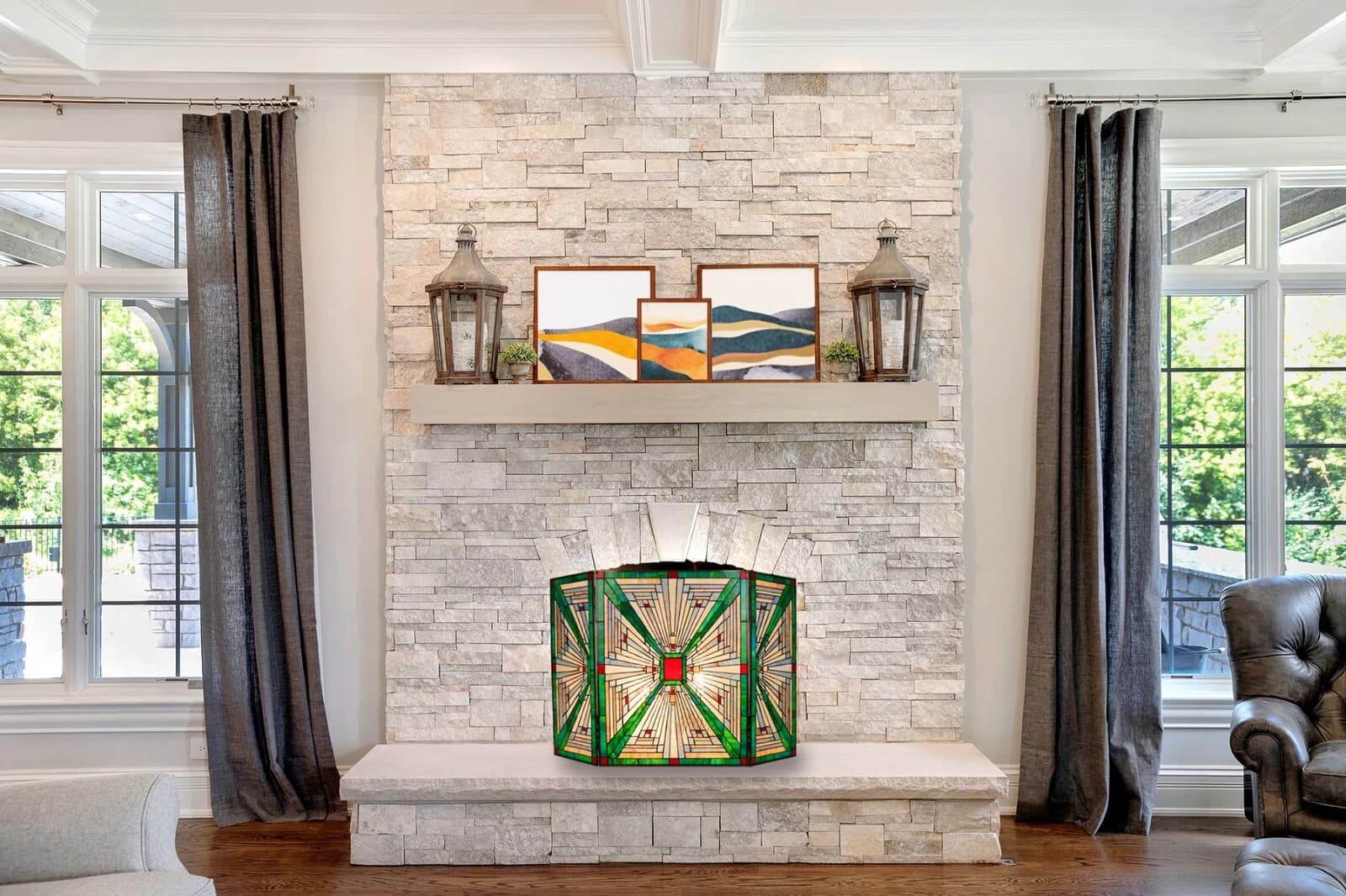 Fireplace Screen Tiffany Style Stained Glass Arts & Crafts Mission 44 W x 28 T 5