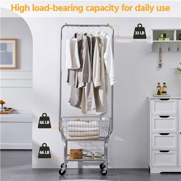 Heavy duty Garment Organizer Laundry Cart With Storage Basket Double Pole Rack 4