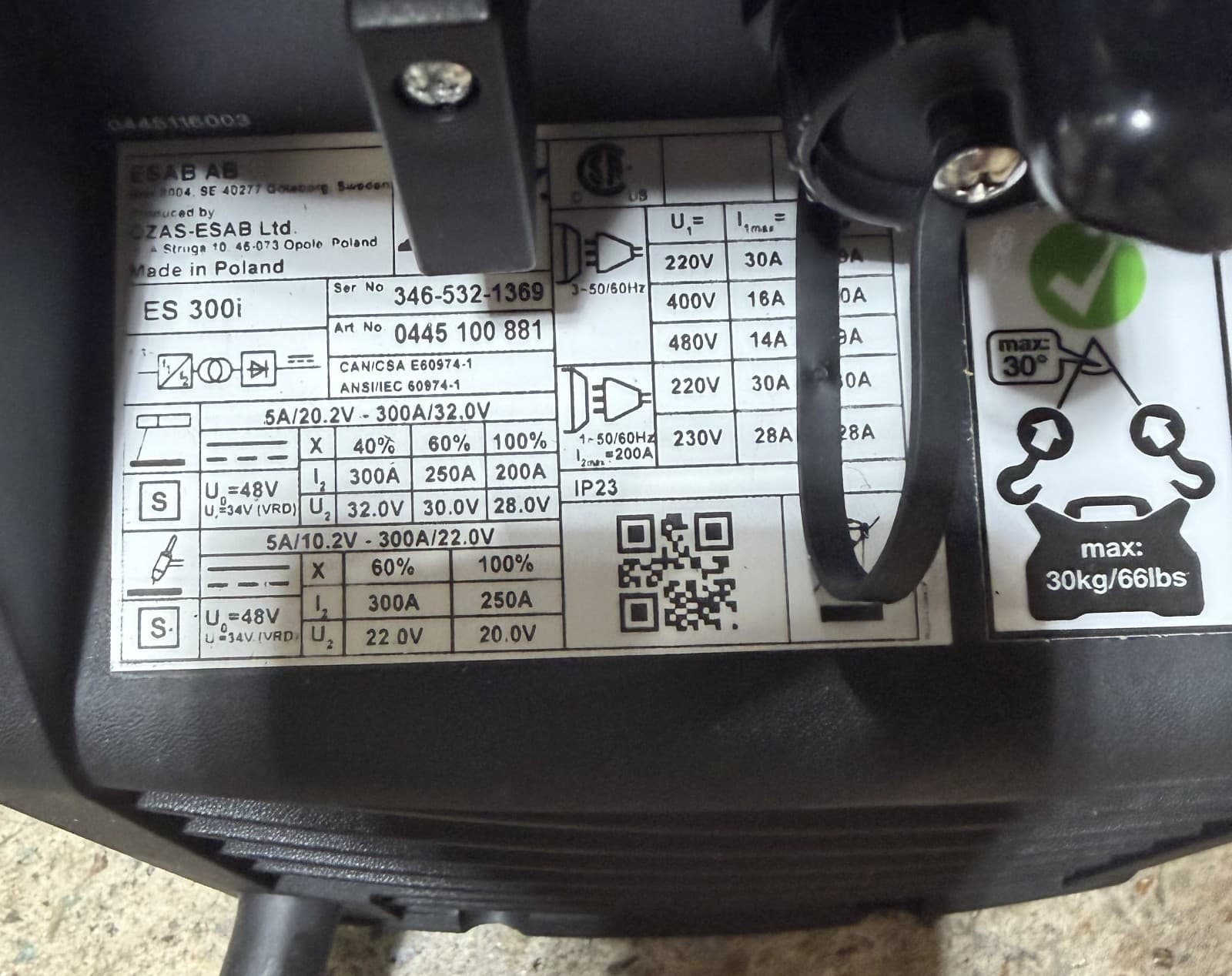 Esab 0445100881 Tig Welder, Renegade Es 300I Series, 208V Ac, 460V Ac, 300 Max. 4