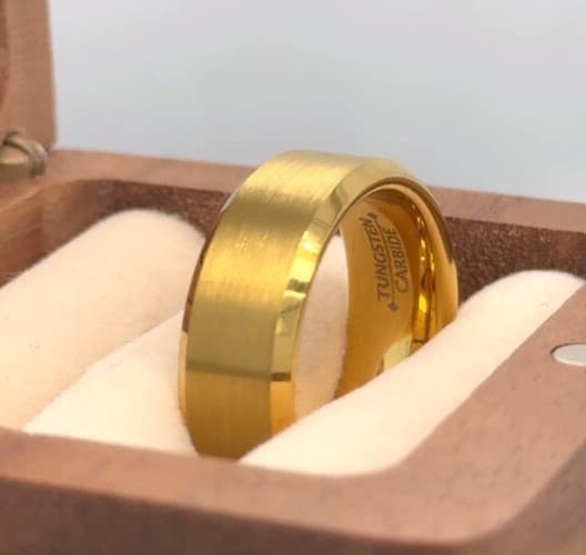 His and Her Handmade Gold Tungsten Flat Matching Wedding Bands Engagement Ring 3