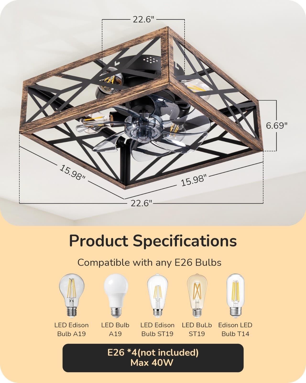 EDISHINE Caged Flush Mount Ceiling Fans with Lights and Remote, Dining Room 6
