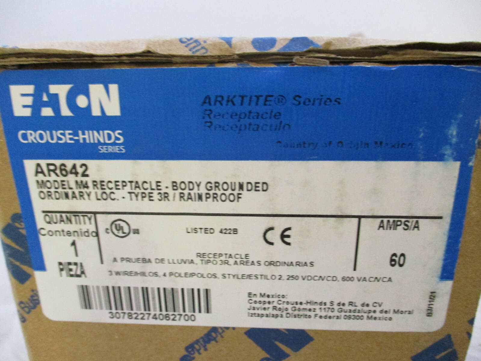 EATON CROUSE HINDS AR642 60A 600V 4P 3W RECEPTACLE ARKTITE SAMEDAY SHIP  6