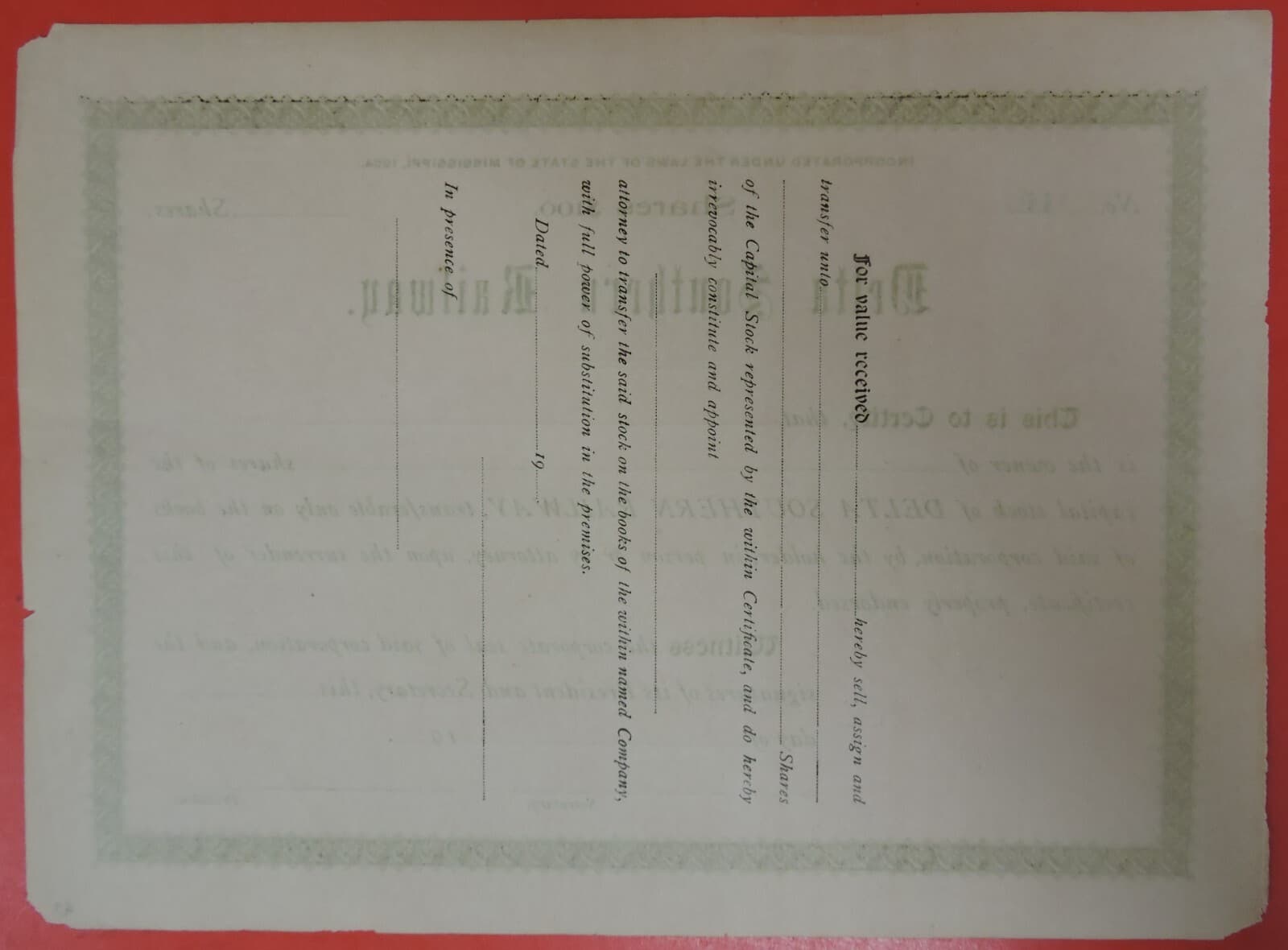 1900s DELTA SOUTHERN RAILWAY UNISSUED STOCK CERTIFICATE-STATE OF MISSISSIPPI 3
