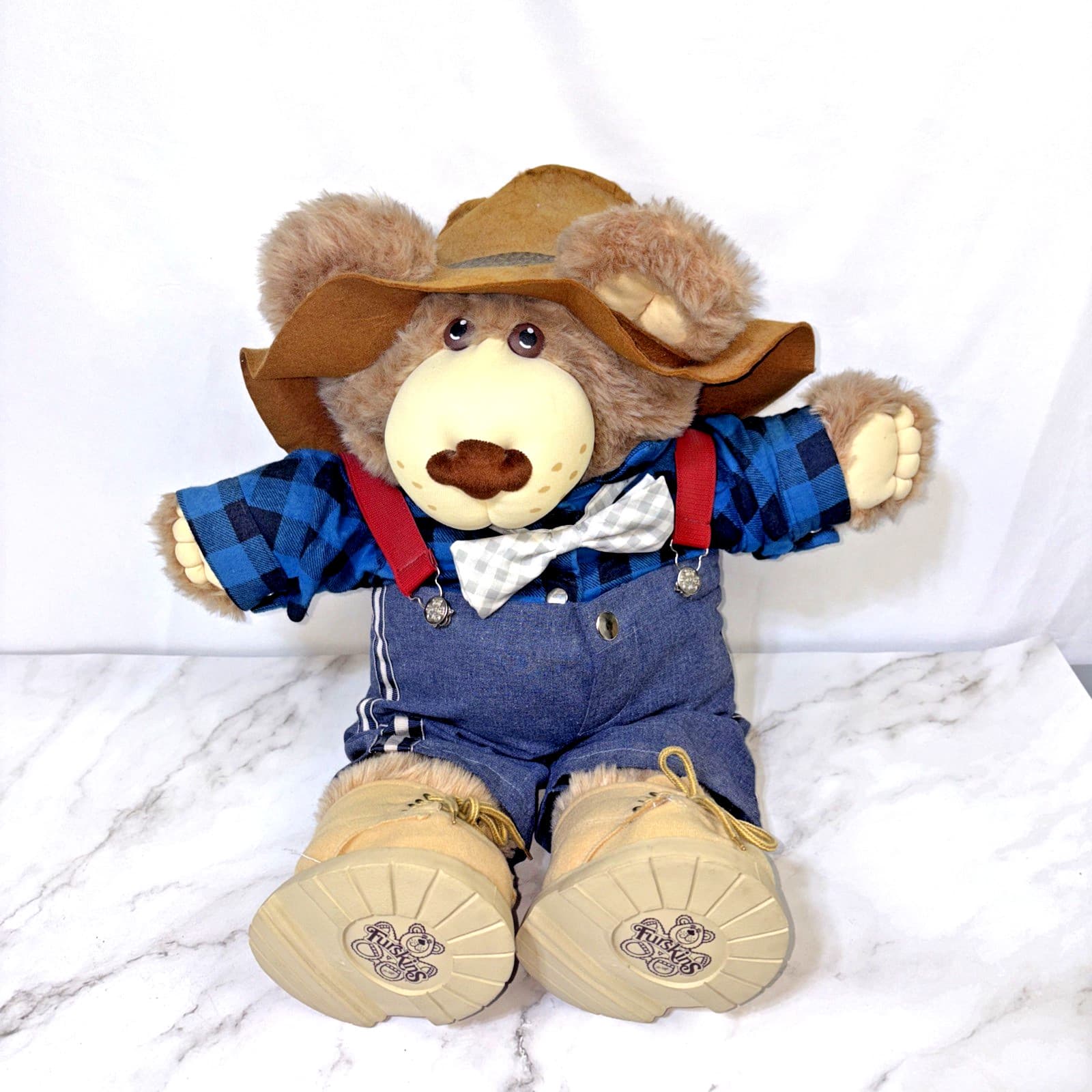 Furskins Harlan Honeysuckle Bear Plush Xavier Roberts 22” Overalls Hat Bow Tie