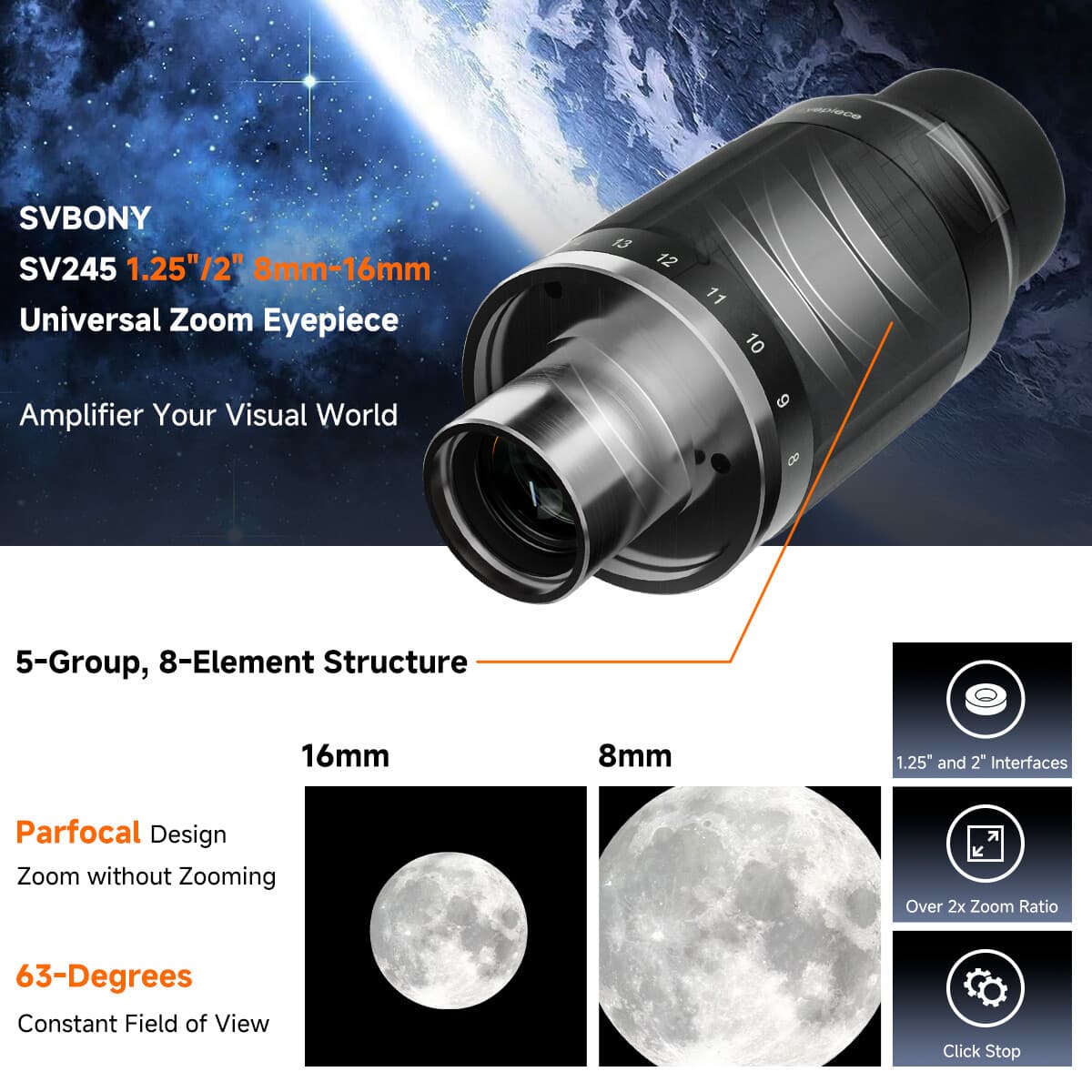 SVBONY SV245 Zoom Eyepiece  8-16mm 63° Parfocal for Planetary Observation 2