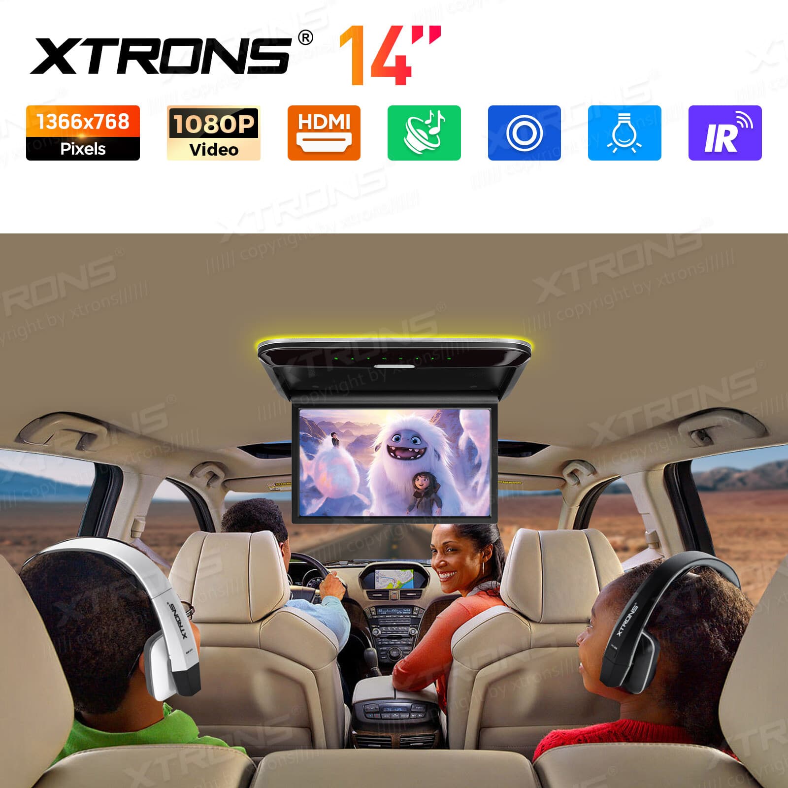 14" HD Screen Car TV Roof Flip Down Monitor 1080P Speakers HDMI AV-IN IR/FM 2