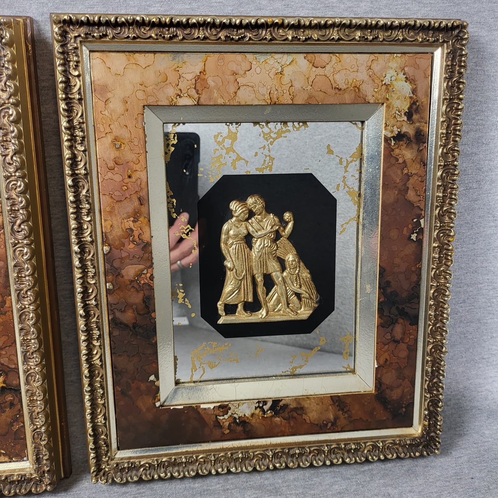2 MCM Vintage Turner Wall Accessory Relief Plaques Gold Figures Antiqued Mirror  2