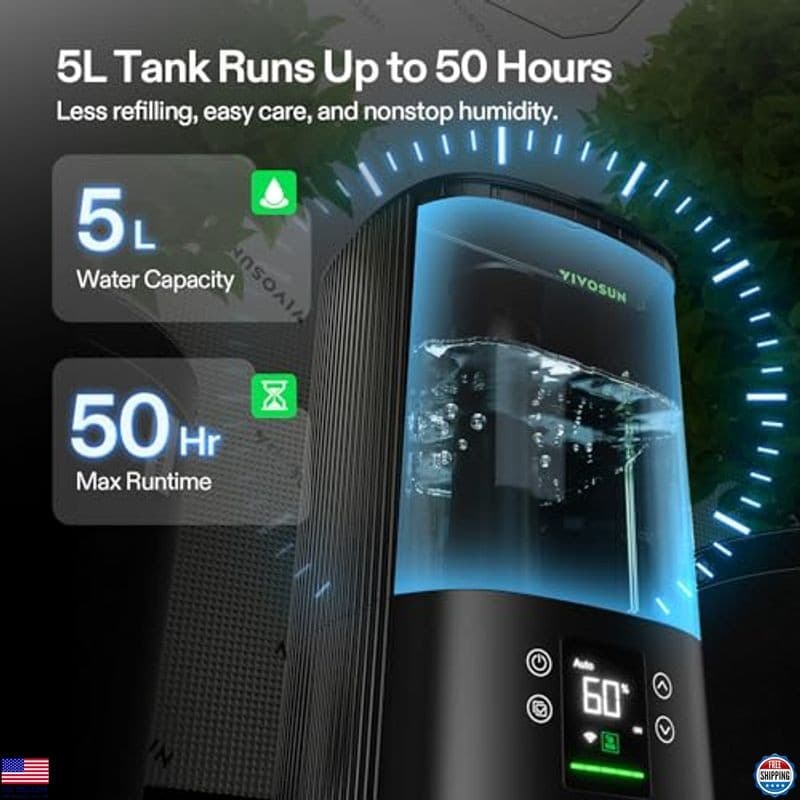 VIVOSUN AeroStream H05 Smart Wi-Fi Humidifier 1.32 Gal with Temp & Humidity 5