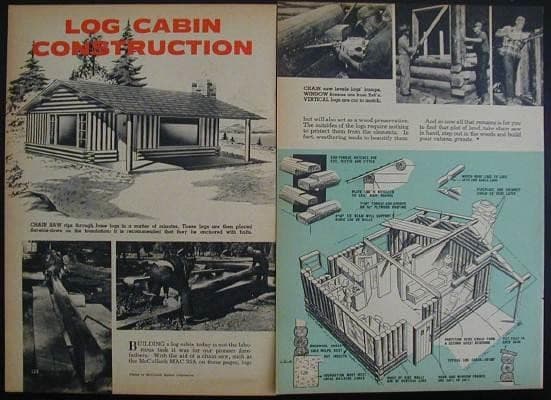 LOG CABIN Construction Building 1958 How-To INFO