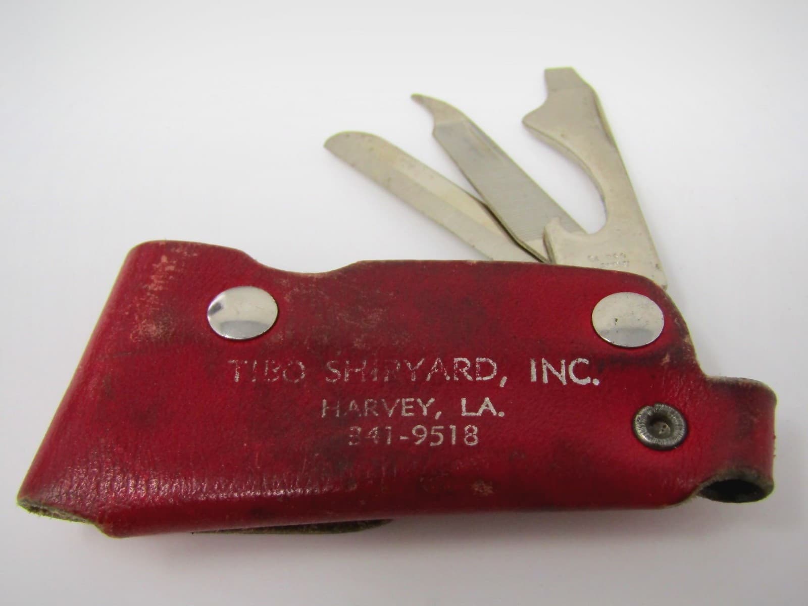 Vintage Pocket Knife & Holder: TIBO SHIPYARD Advertising Leather 4