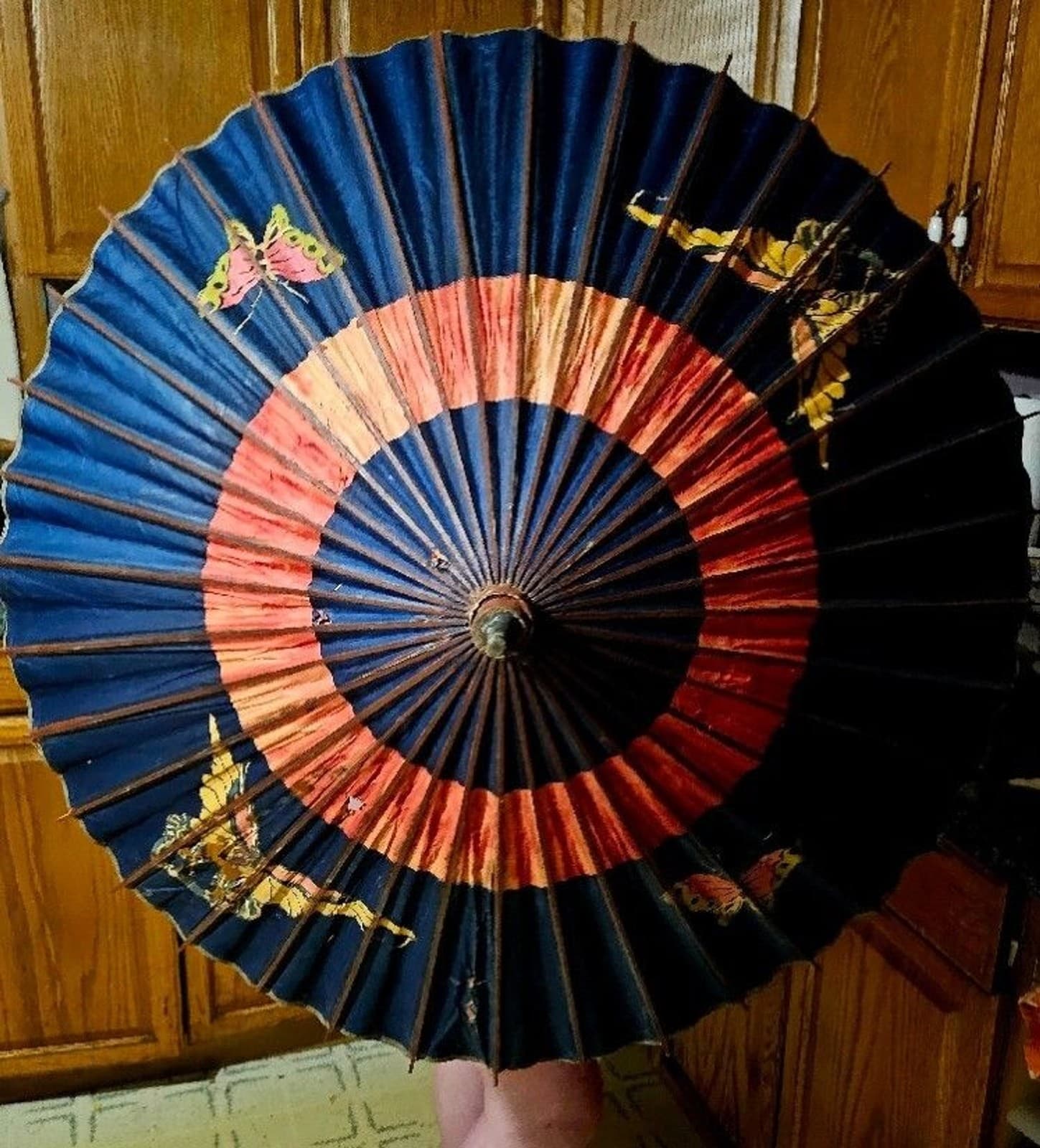 Vintage Paper Bamboo Oriental Chinese FLowers and Butterflies Parasol 4