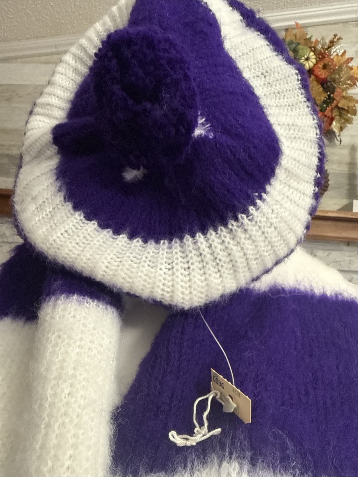 Vintage Sears Winter Scarf Beanie Set Purple White 62" L USA Tag Fringe Soft 3