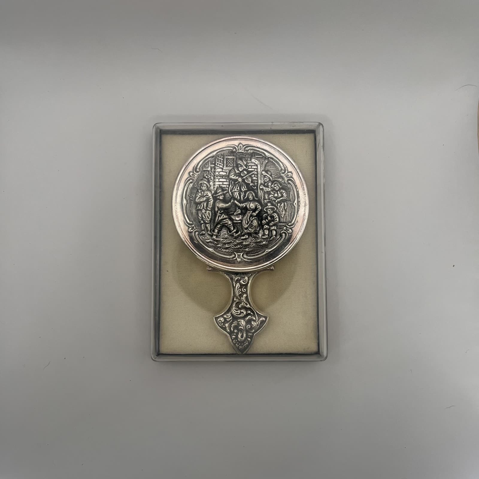 Antique Dutch Silver Hand Mirror With Repoussé Dancing Musicians Scene 6