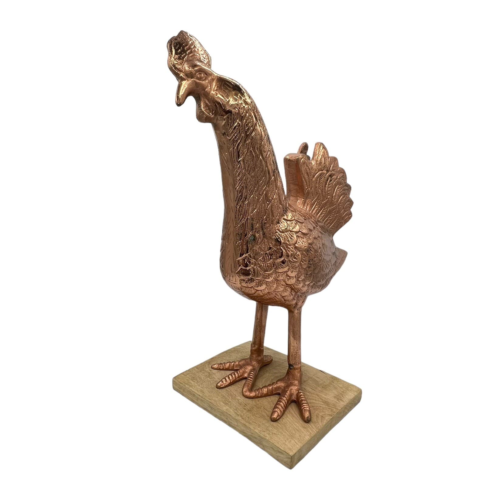 Large Rooster Chicken Bird Copper Cast Metal 15" Tall on Wood Platform Figure 2