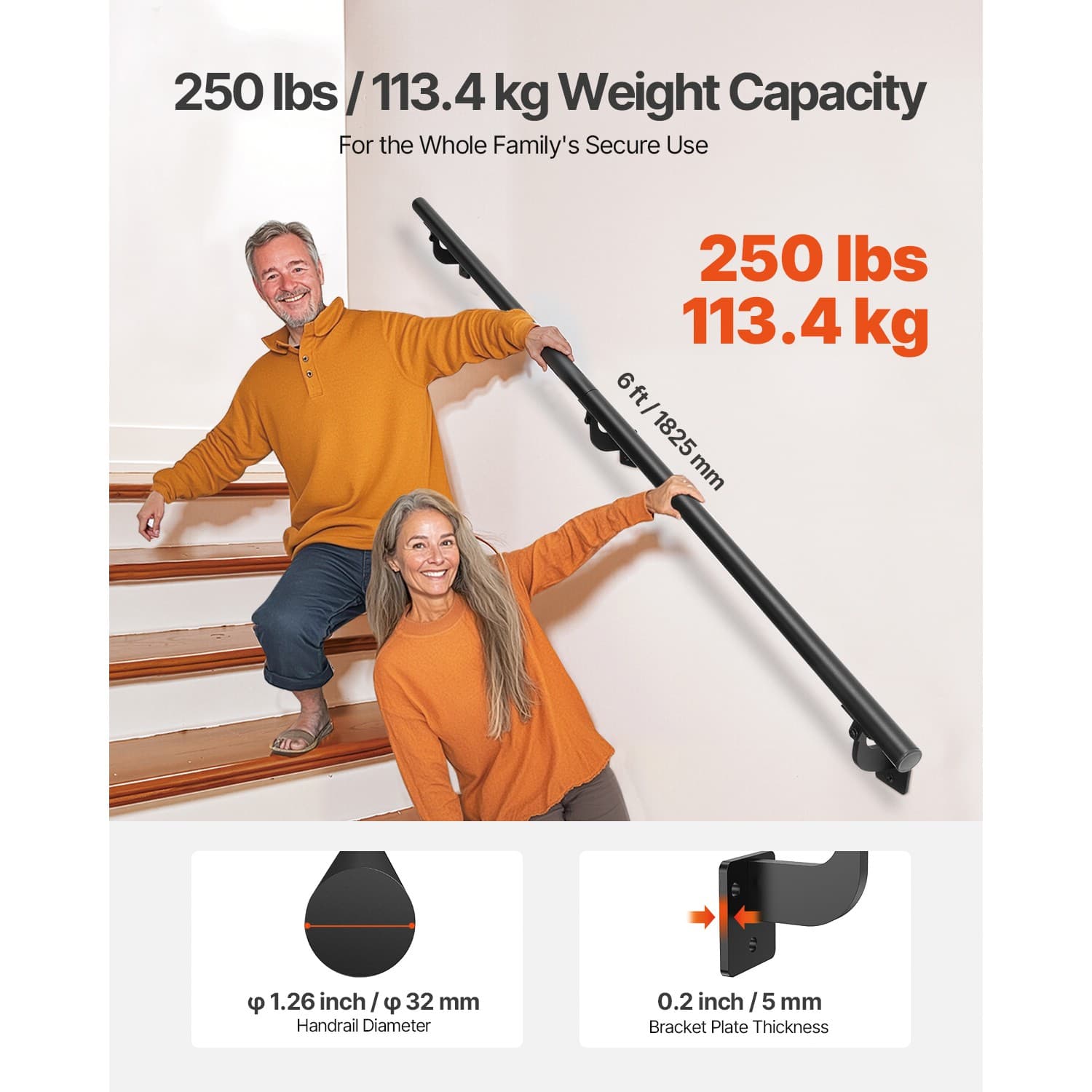 Uimoso 6ft Black Aluminum Stair Handrail Wall-Mounted for Indoor and Outdoor 3