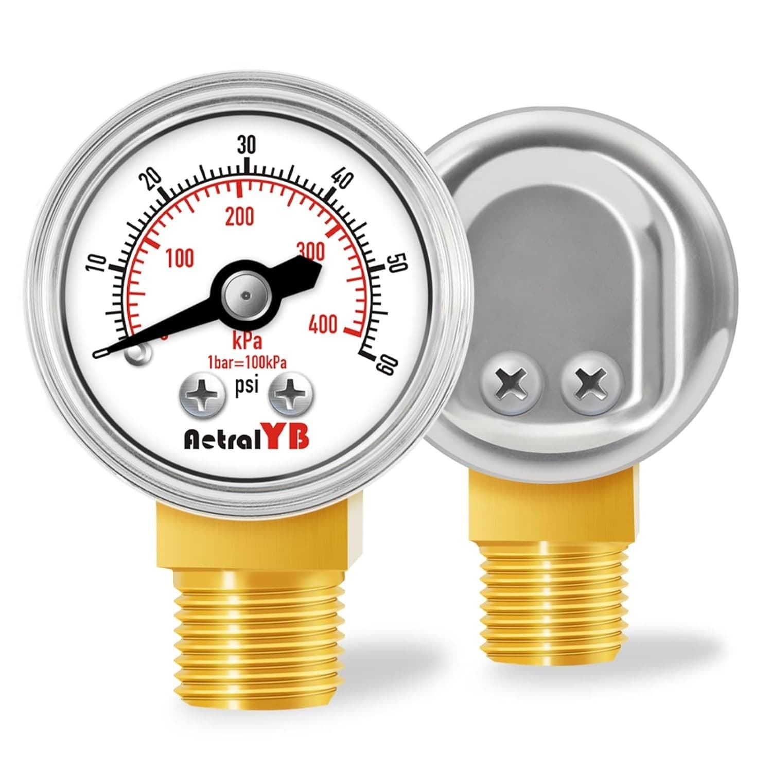 1-Inch Mini Pressure Gauge 0-60 PSI / 0-400 kPa Dual-Scale Dial 1/8” NPT Bott...