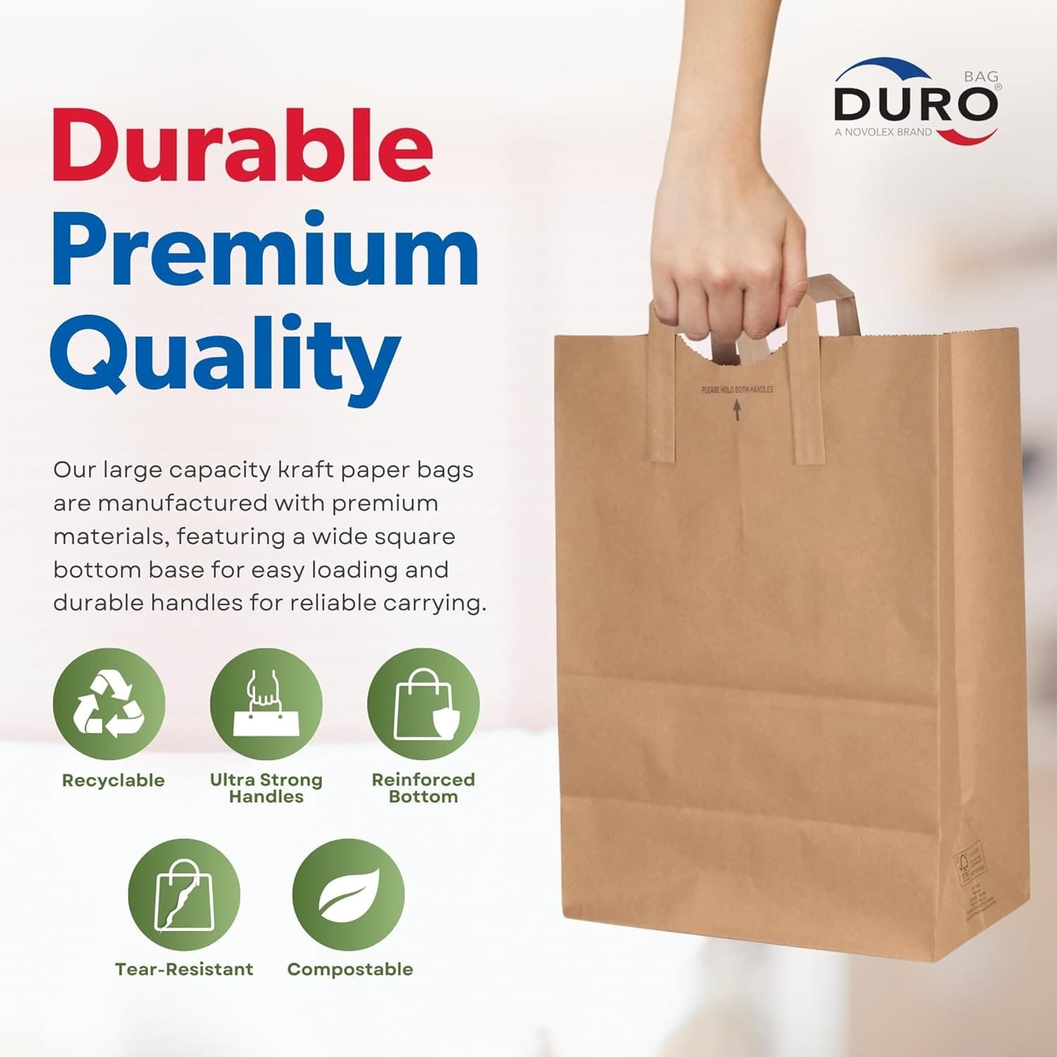 Duro 70# Large Brown Paper Bags with Handles Bulk 50 Count, 12 x 7 x 17  2