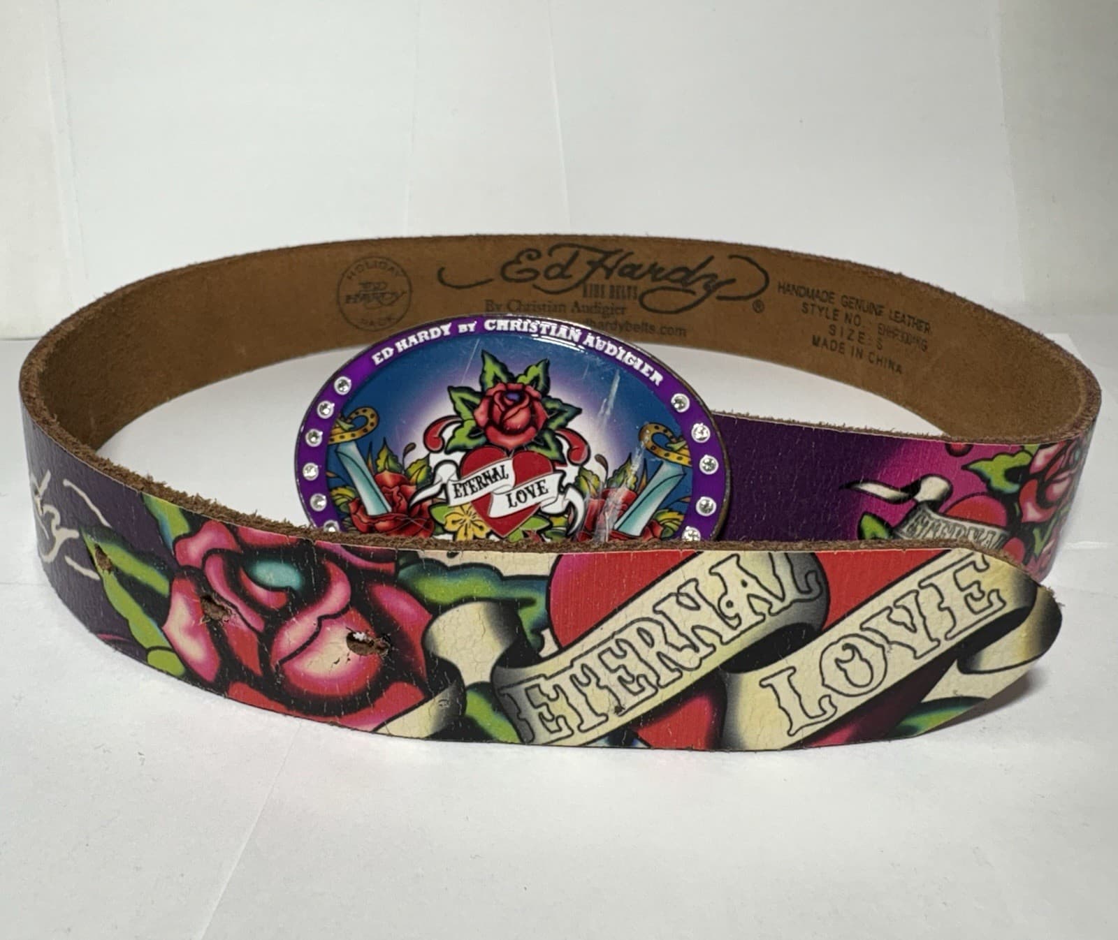 ED HARDY Holiday CHRISTIAN AUDIGIER ETERNAL LOVE Purple Leather Belt Buckle S 5