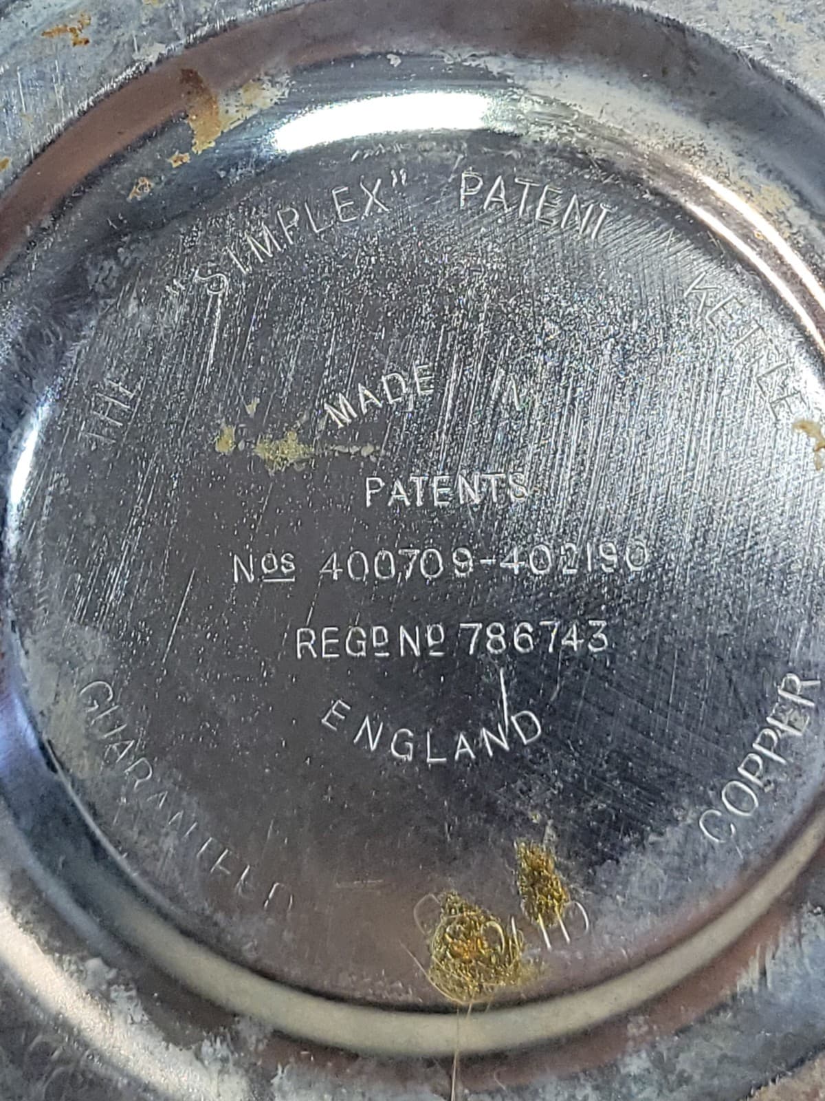 The SIMPLEX Patent Whistling Tea Kettle Solid Copper Chrome England Wood Handle 4