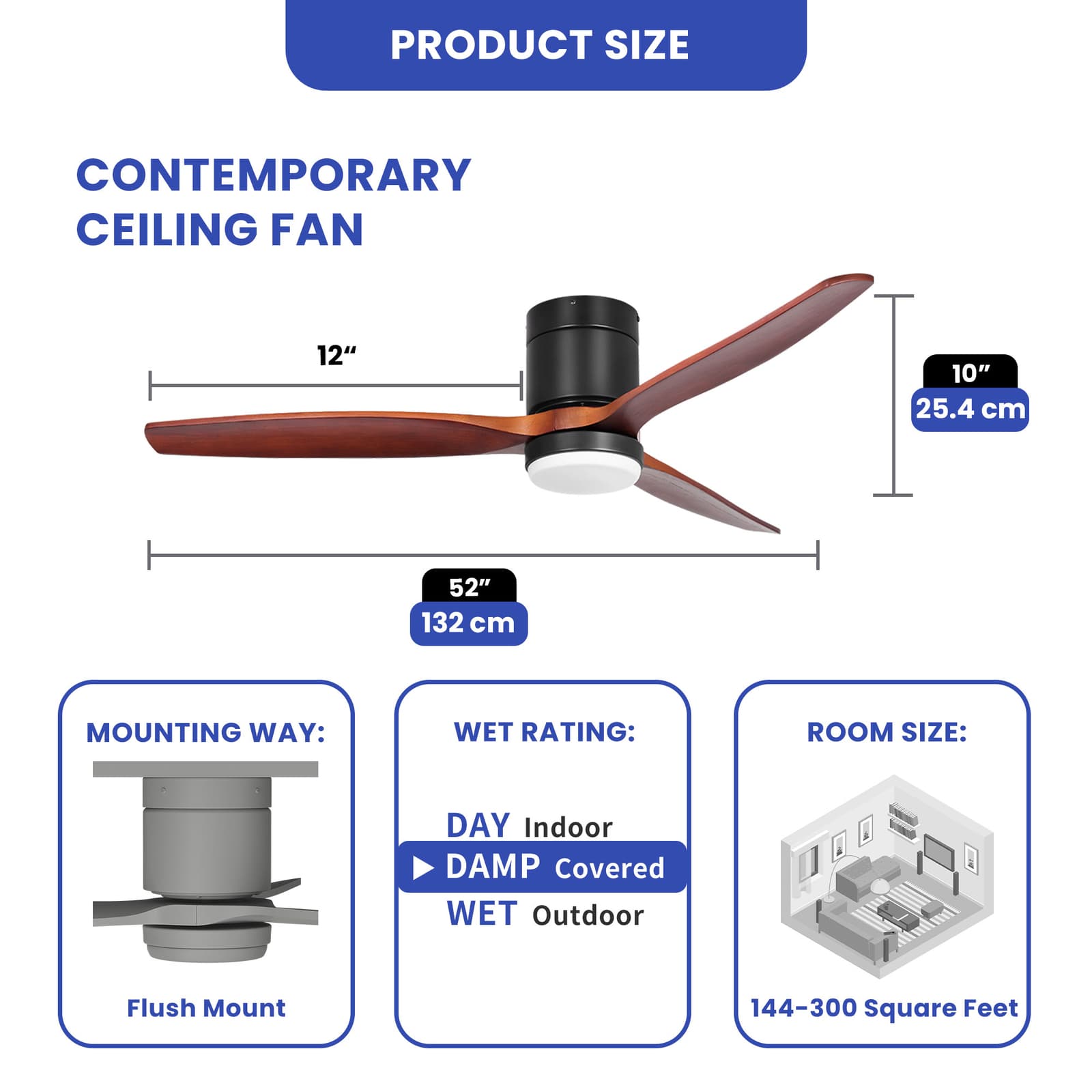 52" Industrial Ceiling Fan with Light Flush Mount Remote Control 3 Wooden Blades 3