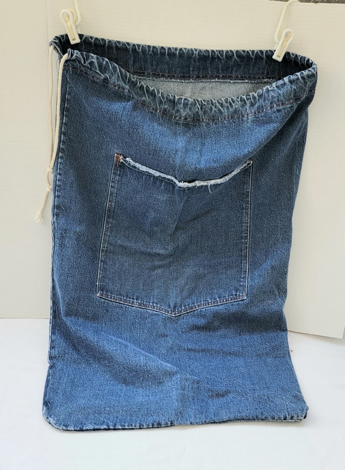 Blue Denim Heavy Large Sack Laundry Bag Drawstring Front Pocket 33"x 22" 3