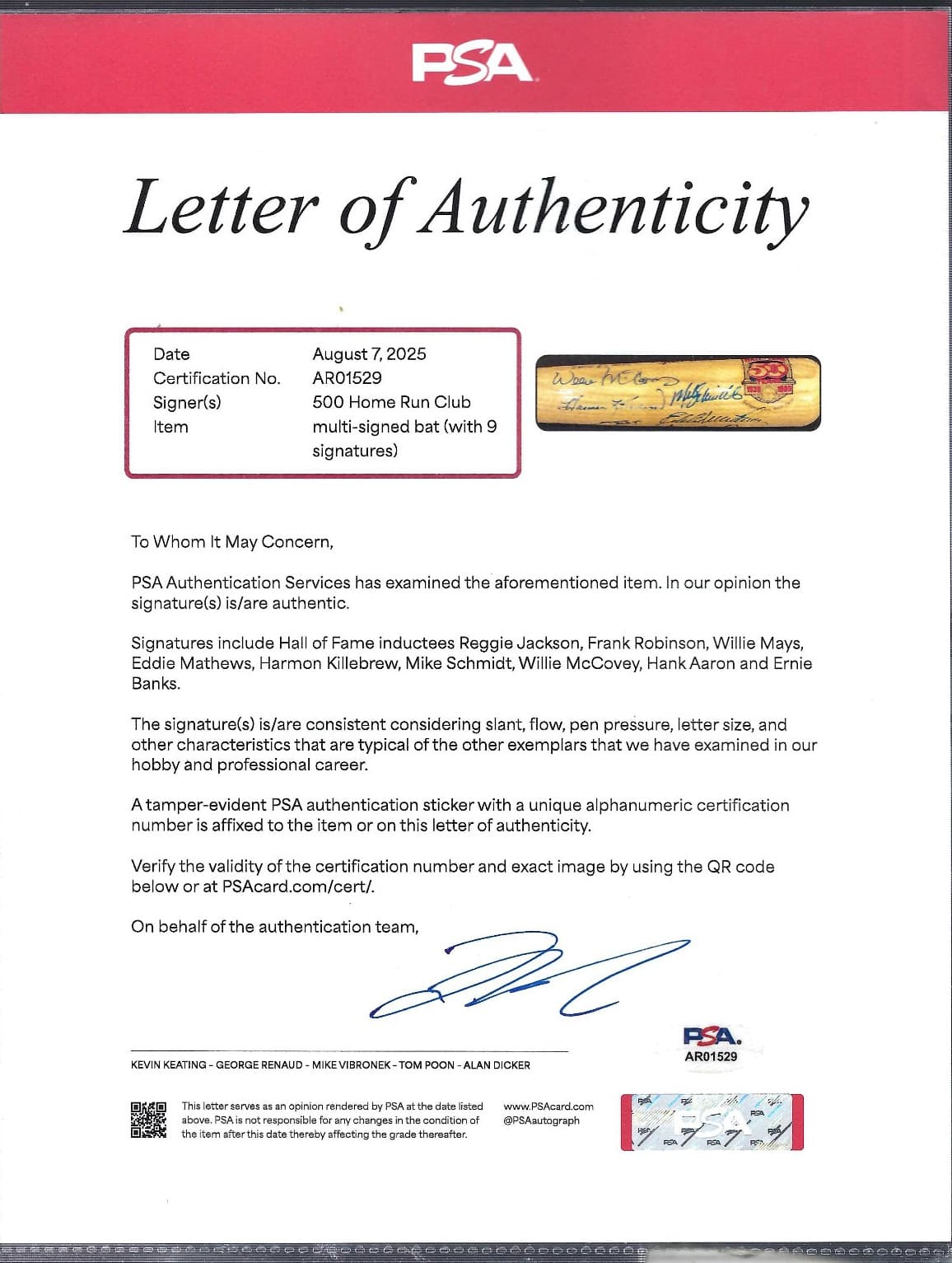 500 HR Home Run Club Autograph Hall of Fame Bat 9 Signatures PSA DNA Aaron Mays 5