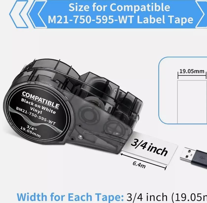 5PK For BMP21 Label Cartridge M21-750-595-WT Black/White Vinyl 3/4" x21' 2