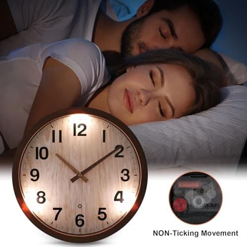  Night Light Wall Clock, 12 Inch Glow in The Dark Illuminated Silent Wood Color 3