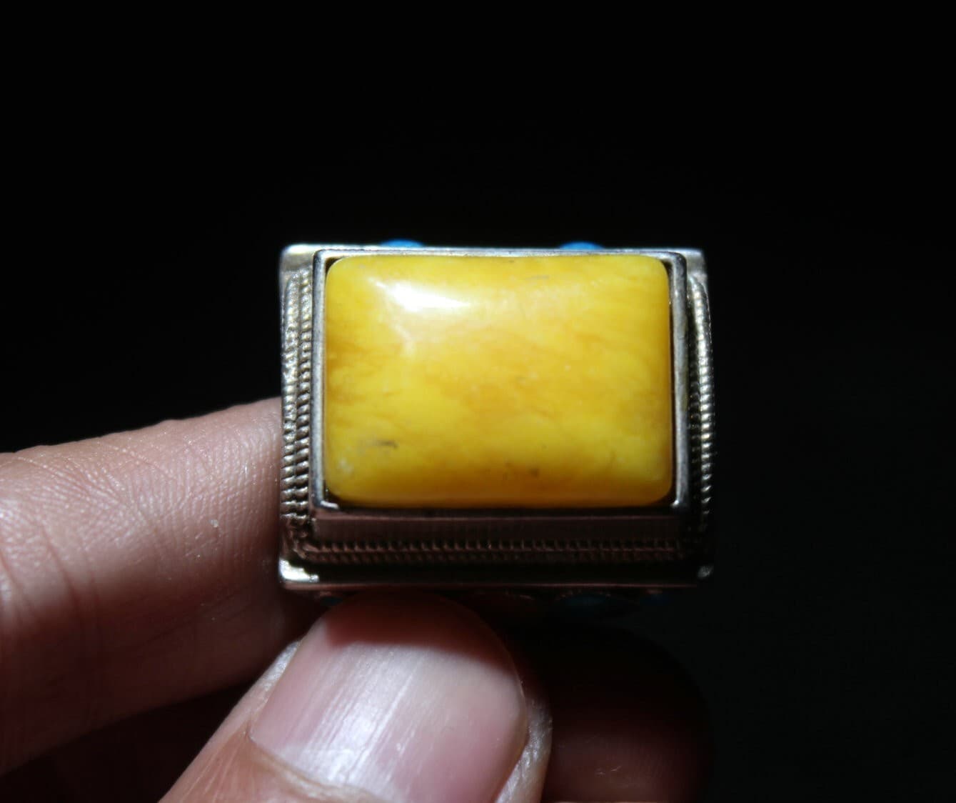 Rare Old Chinese Cloisonne Silver Inlay beeswax Gem Flower Jewelry Figure Ring 6