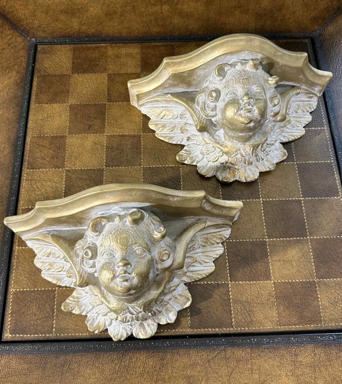 Pair of Gold Resin Cherub Wall Shelves Putti Angel Face Console Brackets 10.5" 2
