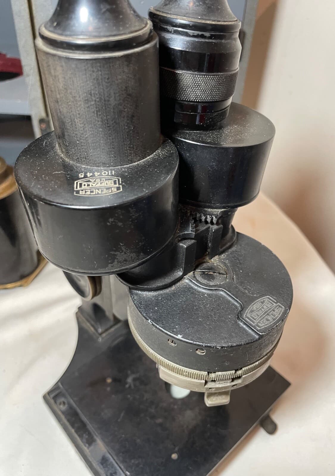 antique Carl Zeiss Spencer Buffalo binocular lab microscope brass attachments 4