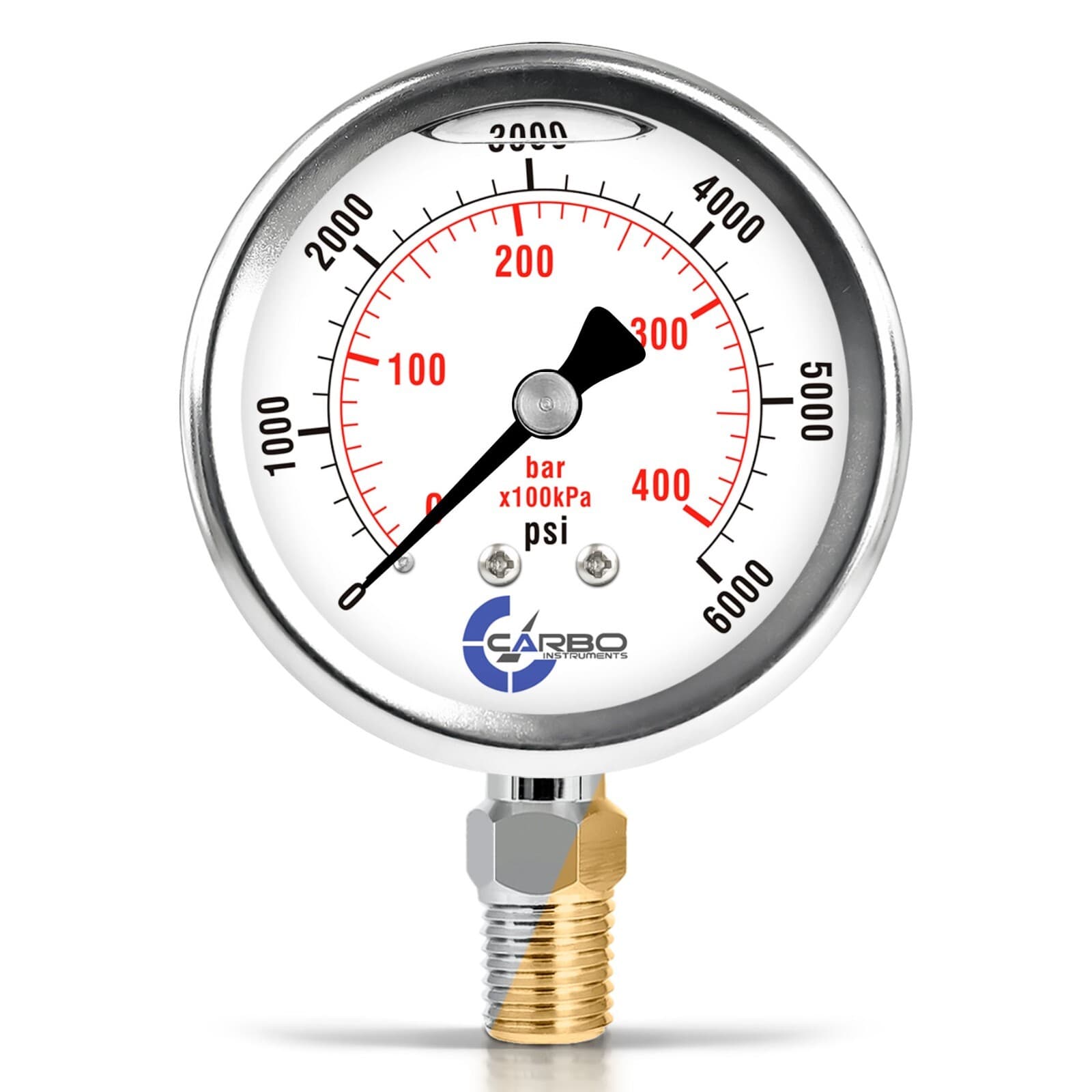 2.5" LIQUID FILLED PRESSURE GAUGE 0 - 6000 PSI, STAINLESS STEEL CASE LOWER MOUNT