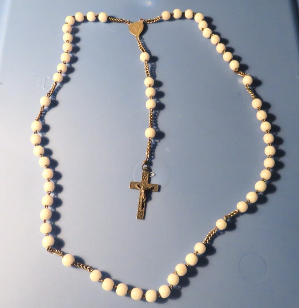 Old French Rosary White Glass Beads Virgin Mary Center Medal 2