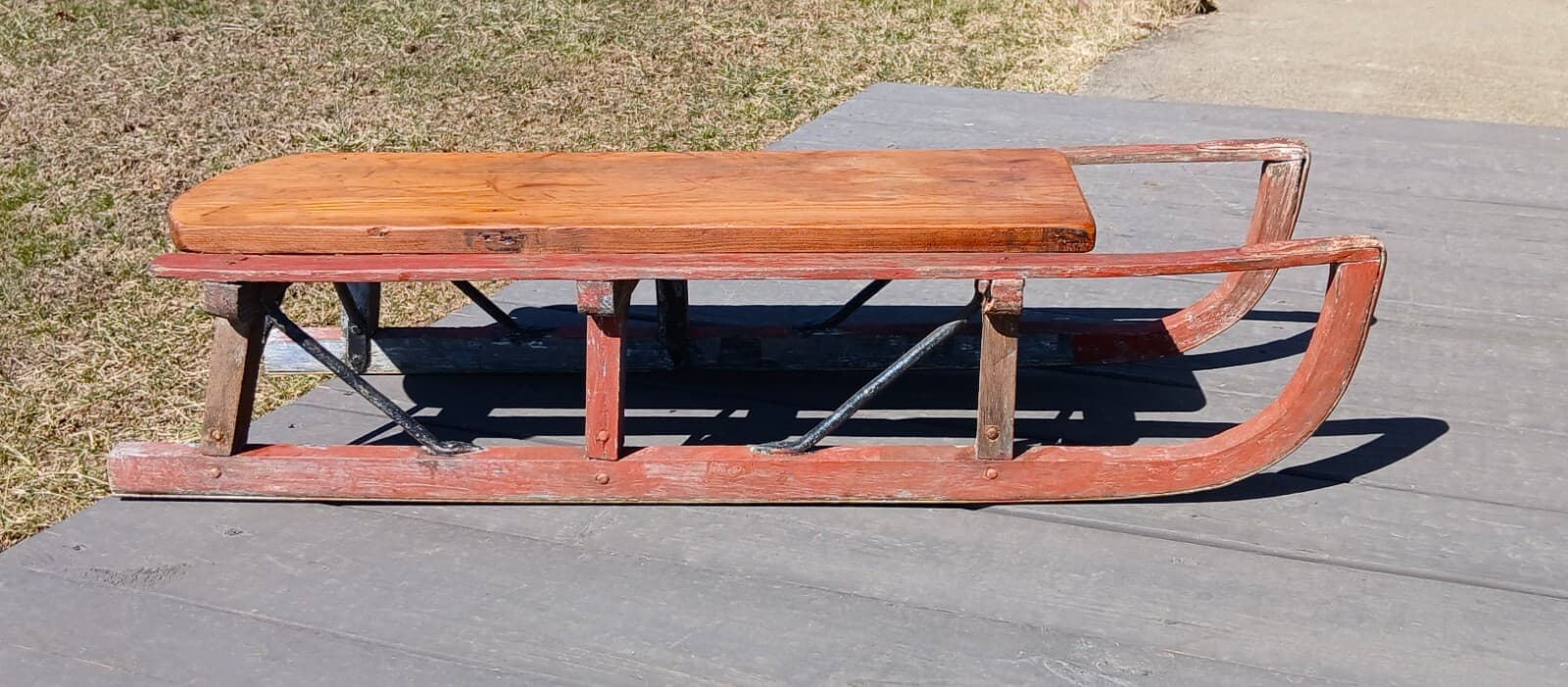 Antique Primitive Wooden Sled in Old Red Paint 1870s 2