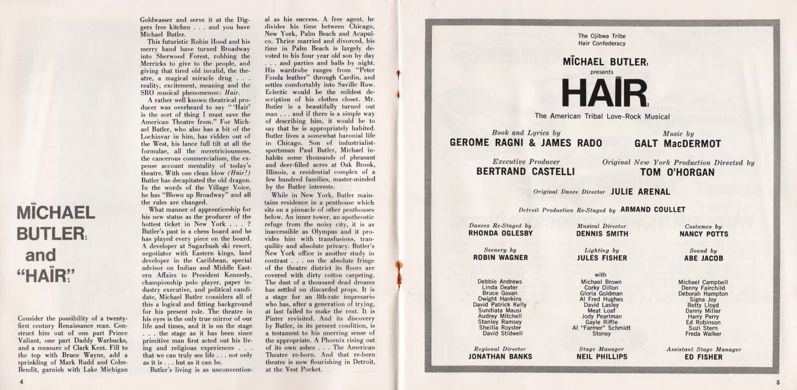 Meat Loaf "HAIR" David Patrick Kelly (Debut) Ragni and Rado 1970 Detroit Program 2