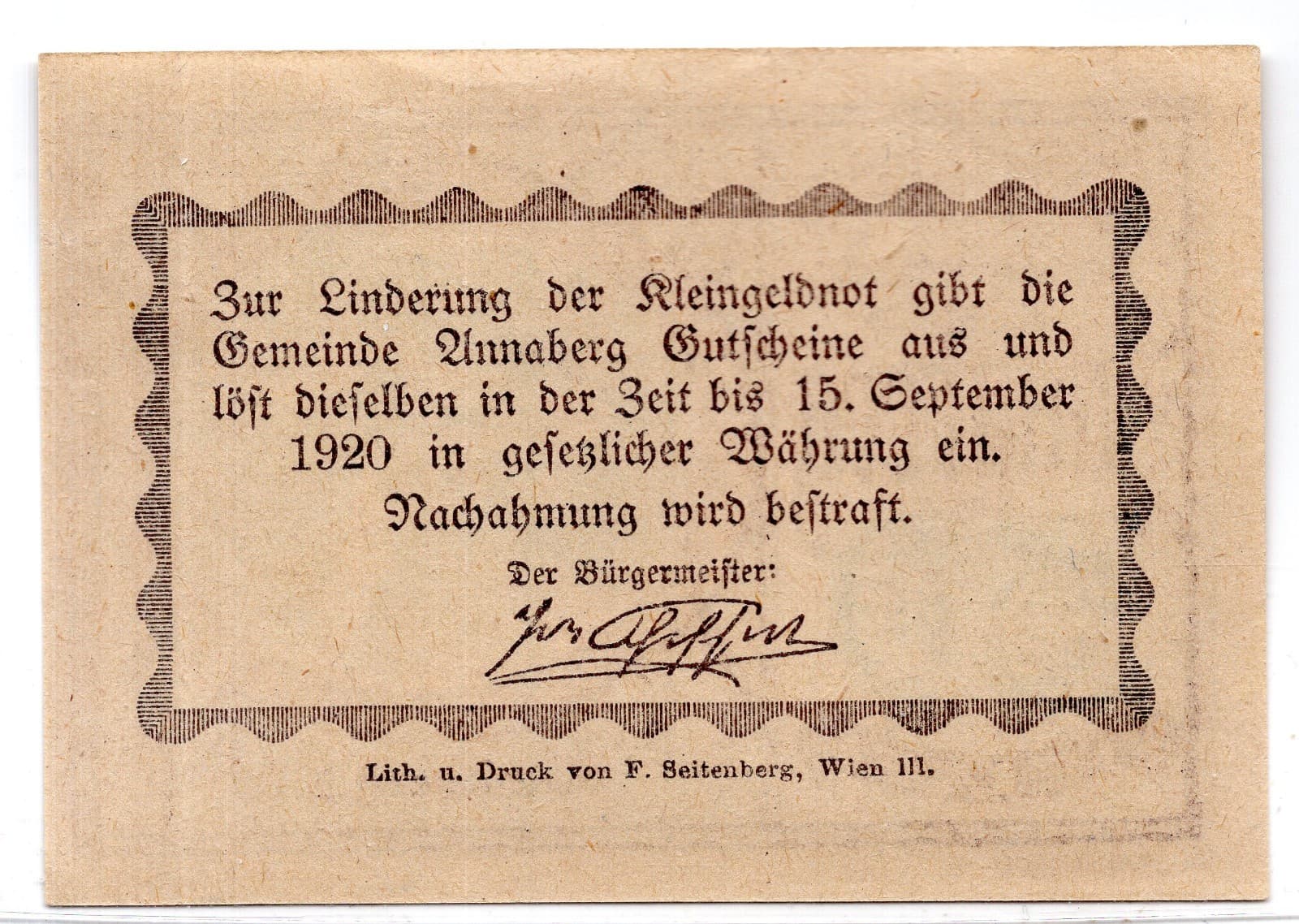 1920 Austria Annaberg Notgeld 50 Heller Note (2607) 2