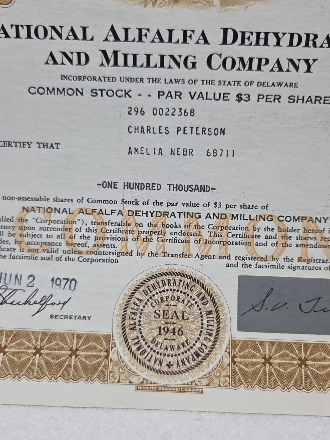 National Alfalfa Dehydrating And Milling Co. 100000 Stock Certificate  Shares 6