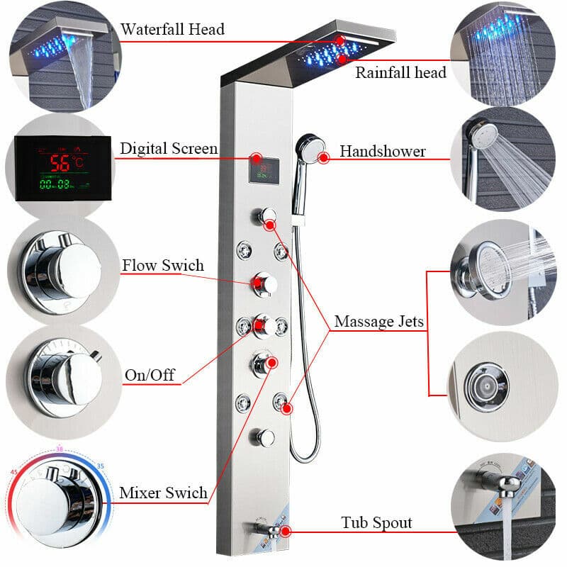 Shower Panel Tower System Stainless Steel 6-Function Faucet LED Rain&Waterfall 3