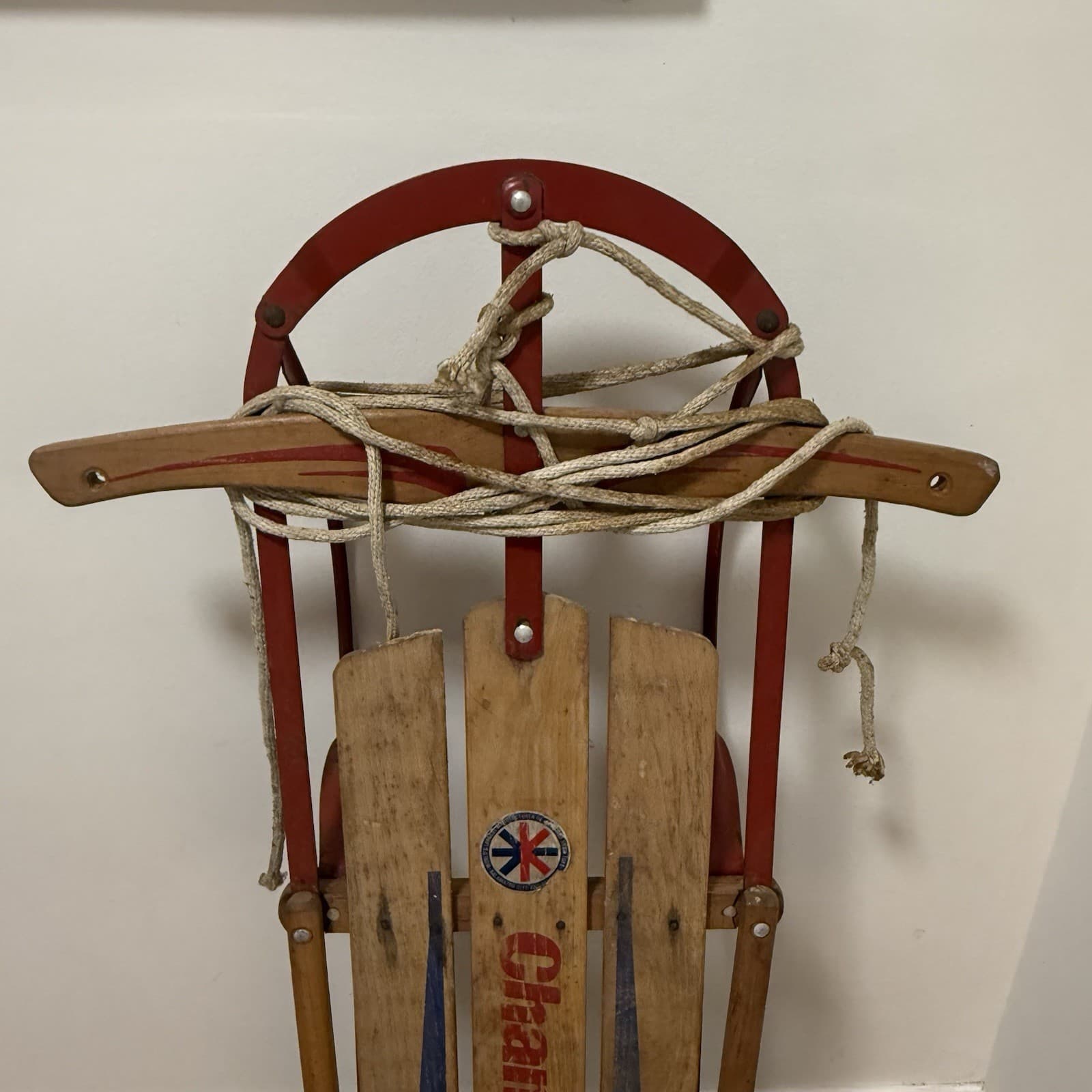 Vintage Champion F-42 Wood Snow Sled Kalamazoo Co. Red Blue W/ Rope Sticker 3