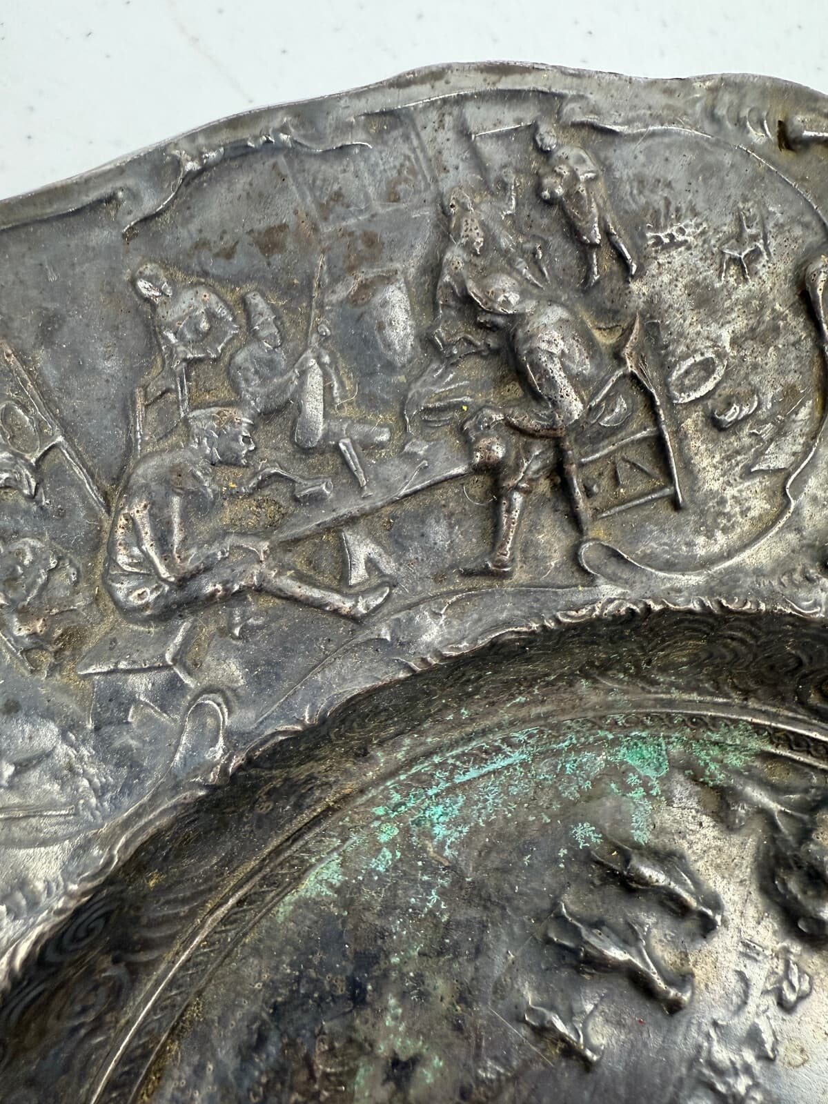 Antique Dutch Repoussé Silver Plate Basket with Handle – Scenic Relief – 11" 4