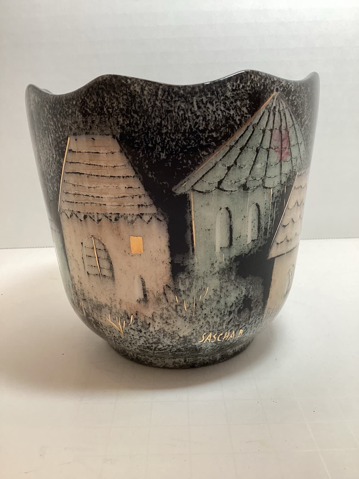 Vintage Sasha Brastoff MCM Painted House Planter With Gold Accents 2