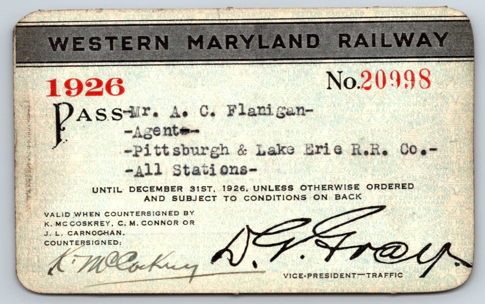 1926 Western Maryland Railway / P&LE  Employee "Flanigan" Yearly Railroad Pass