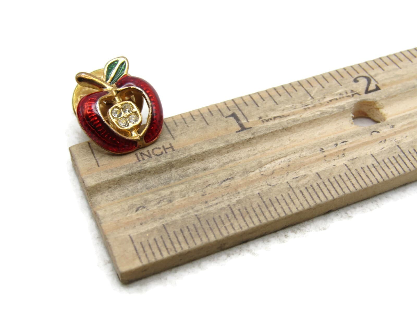 Rhinestone Inlay Red Apple Pin Gold Tone 4