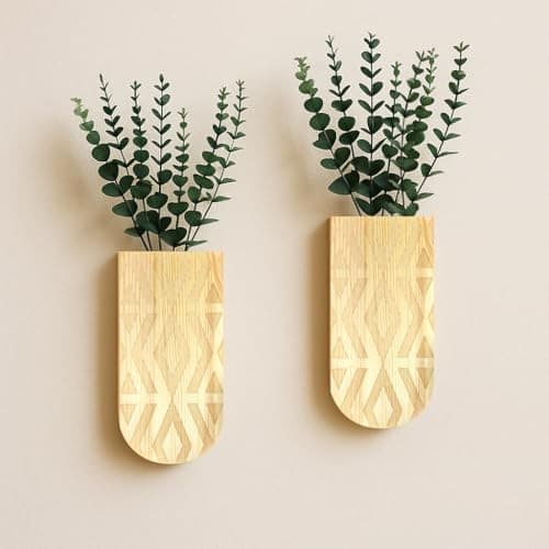 2 Pack Boho Wood Wall Planter with Faux Eucalyptus Plants | Modern Brown-c