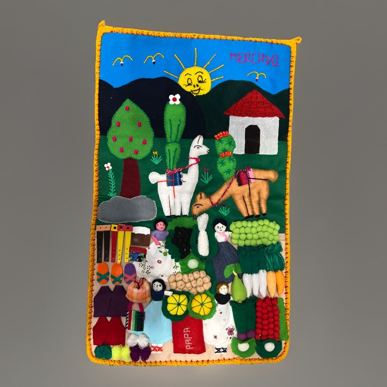 Handmade Peruvian Arpillera Folk Art 3D Applique Tapestry Wall Hanging 18x11